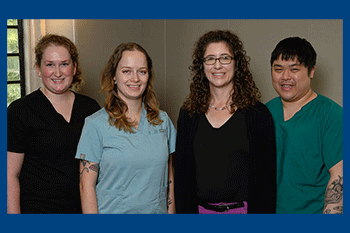 Left to right: Staff Pathologists’ Assistant and Preceptor Allison Topper, MHS, PA(ASCP)CM, who serves as course coordinator and clinical liaison in Surgical Pathology; Salem Sullivan; Dr. Rachel Factor, MD; Jonathan Chen, MHS, PA(ASCP)CM.