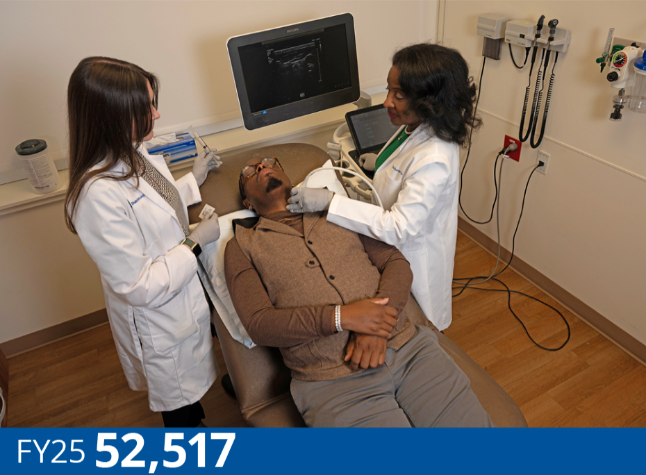 FY25 Cytology cases 52,517: Cytopathology Chief Dr. Danielle Range with resident Natalie Ellis, and patient service associate William McDonald, posing as patient