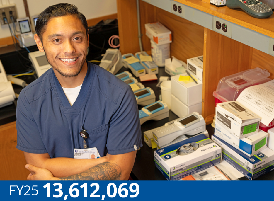 FY25 Lab Tests: 13,612,069. Clinical Lab Technician II Andrew Pastor performs tests and procedures for point-of-care testing