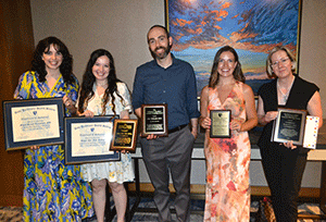 Left to right: Outgoing co-chief resident Dr. Megan Burnett Tarasiewicz; outgoing co-chief resident and awardee Dr. Abbey Hitt; awardees Dr. John Yablonski, Dr. Bethany Freeland LeClair, Dr. Sarah Bean