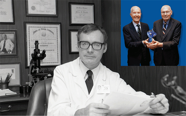 Dr. Johnston at his desk circa 1977-1986. Inset: CHarles R. West and Dr. Johnston